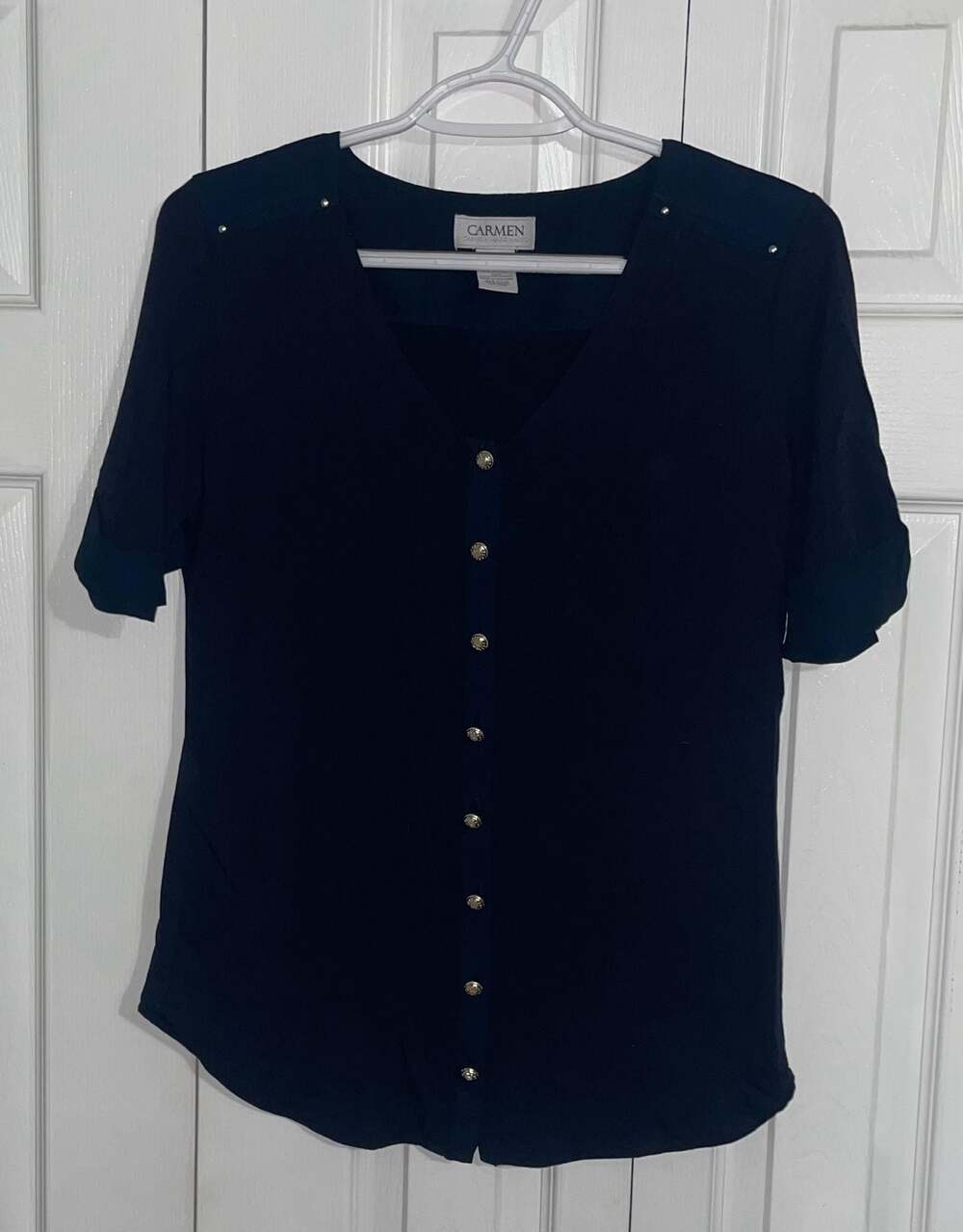 Carmen Marc Valvo Navy Blue V-Neck Button-Down Blouse